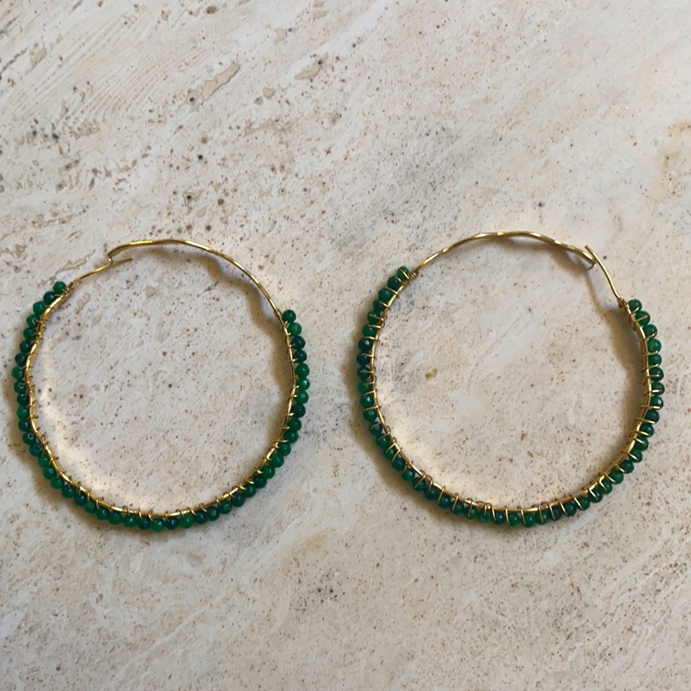 LARGE HOOP EARRINGS WITH GREEN STONES